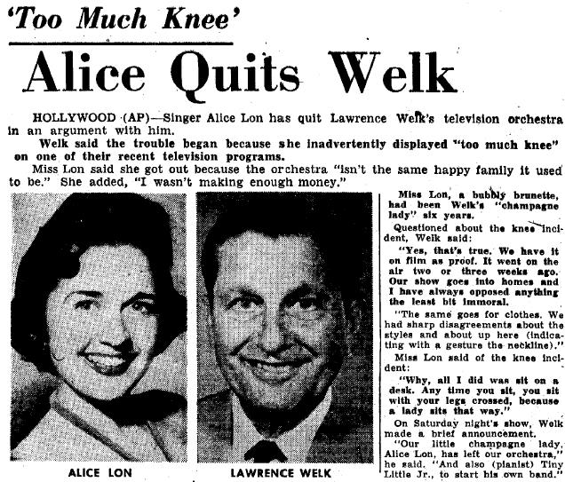 Alice Long Quits Lawrence Welk Show